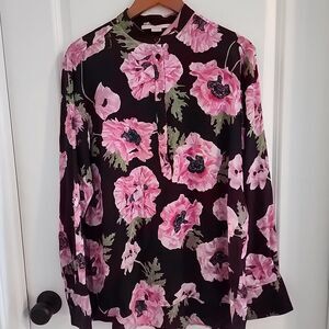 STELLA MCCARTNEY Iconic Poppy Print 100% Silk Blouse Black Pink Size 48